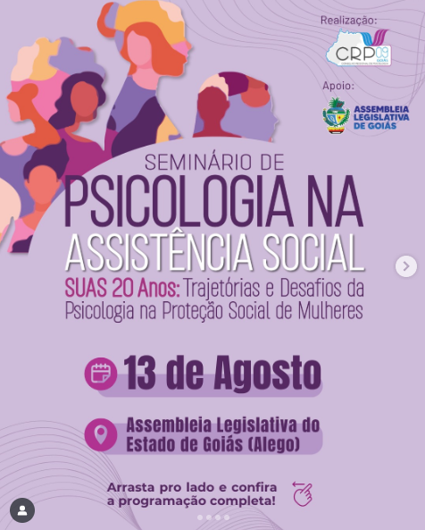 Abertas as inscrições para o Seminário de Psicologia na Assistência Social - SUAS 20 anos: trajetórias e desafios da Psicologia na proteção social de mulheres