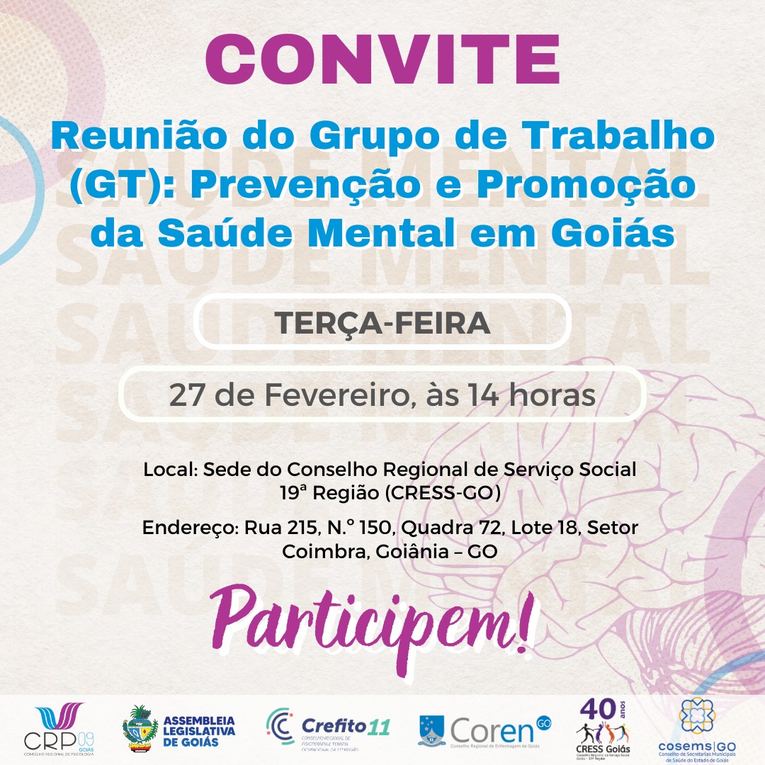 Convite Rreunião do Grupo de Trabalho Prevenção e Promoção da Saúde Mental em Goiás
